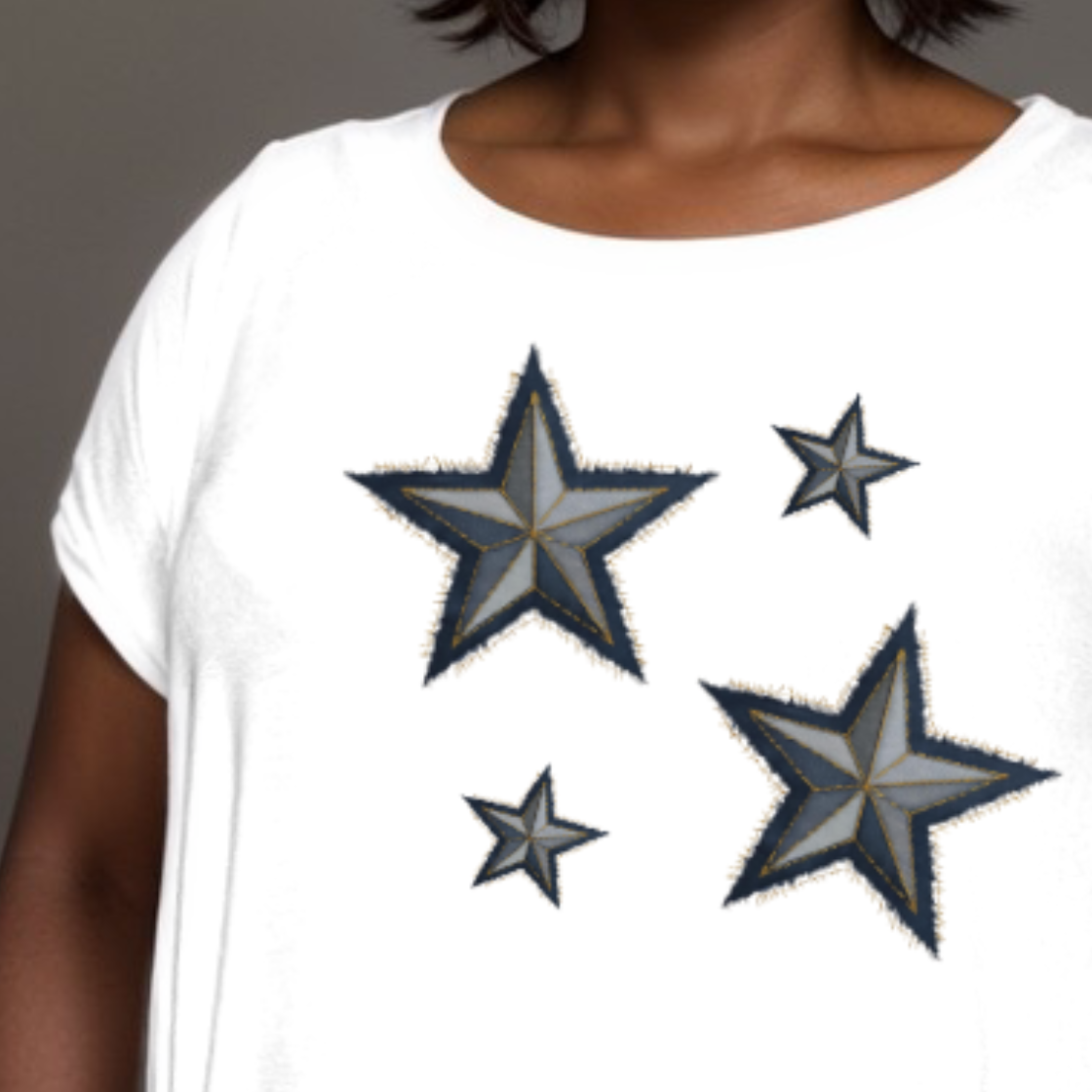 WHITE LONG POCKET T-SHIRT WITH DENIM EFFECT STARS