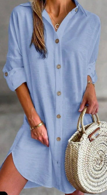 Classic Button Front Shirt Dress – Casual Long Sleeve Mini Dress