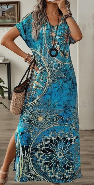 Bohemian Printed Maxi Dress – Casual Summer Knitted Fabric Long Dress