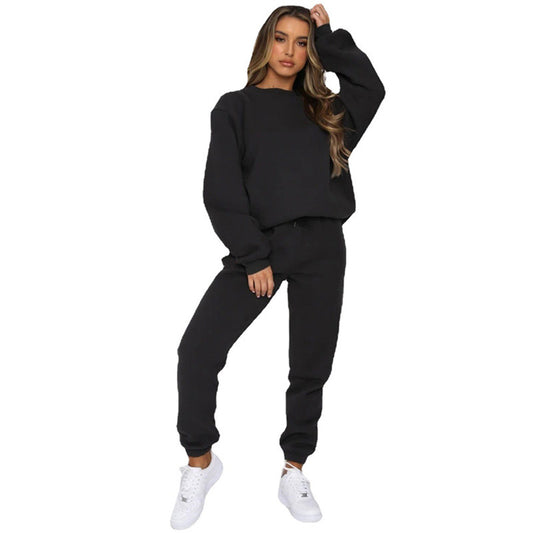 Solid Color Round Neck Pullover, Long Pants And Long Sleeve Hoodie Set