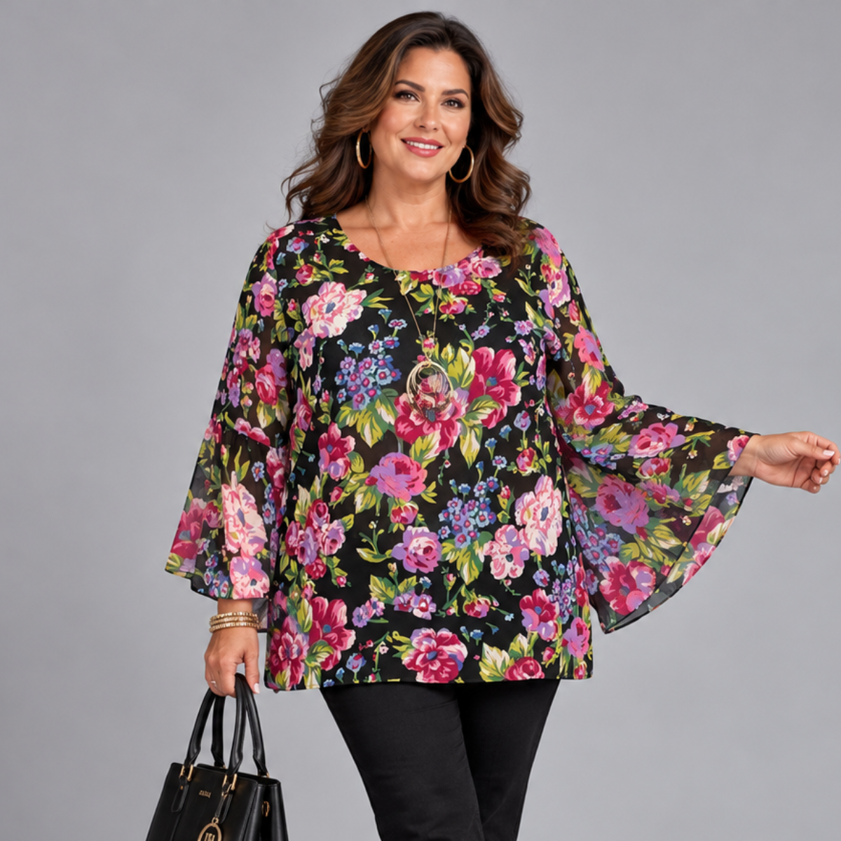 Floral Chiffon Blouse with Bell Sleeves
