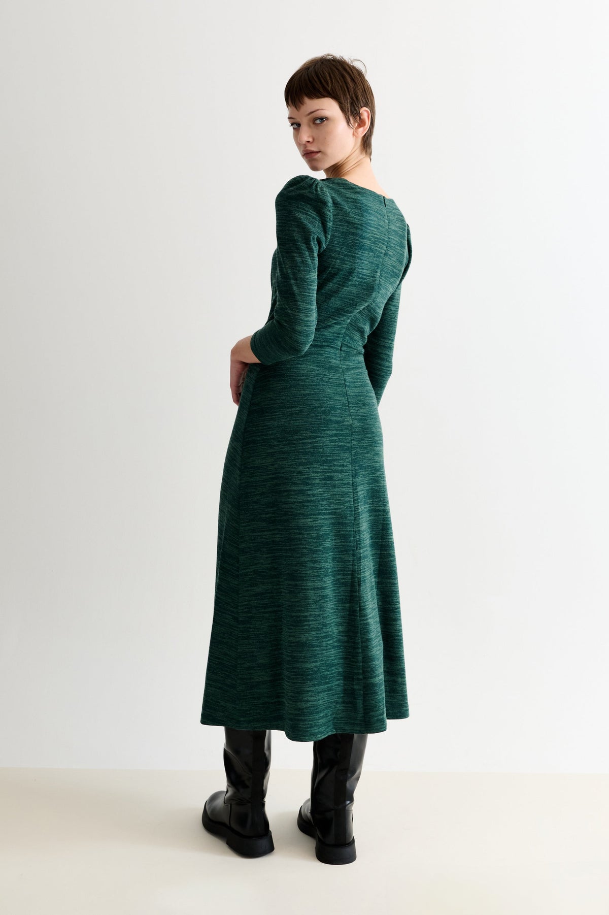 Ambrose Sustainable Marl Sweetheart Neck Midi Dress - Green