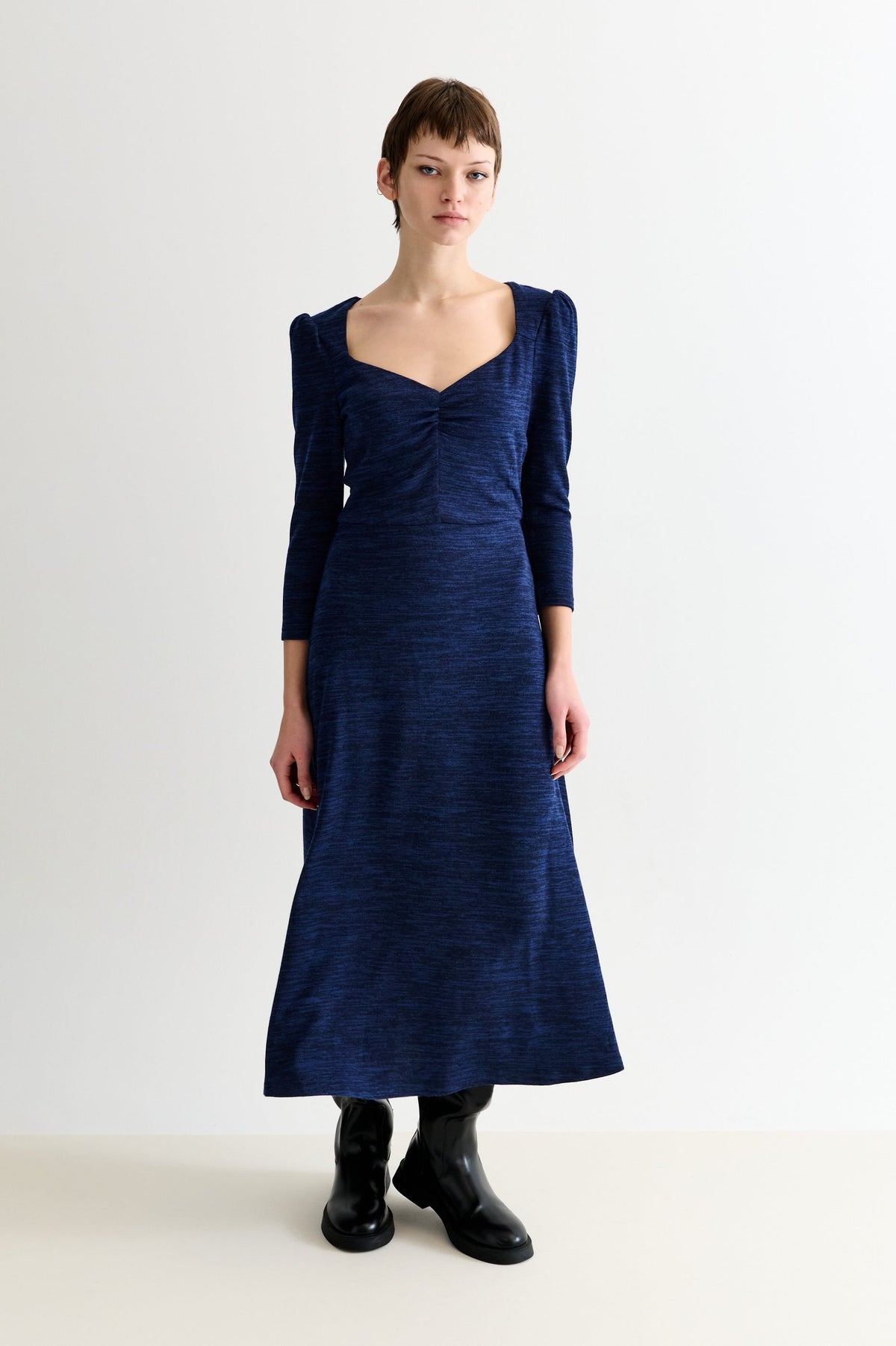 Ambrose Sustainable Marl Sweetheart Neck Midi Dress - Navy