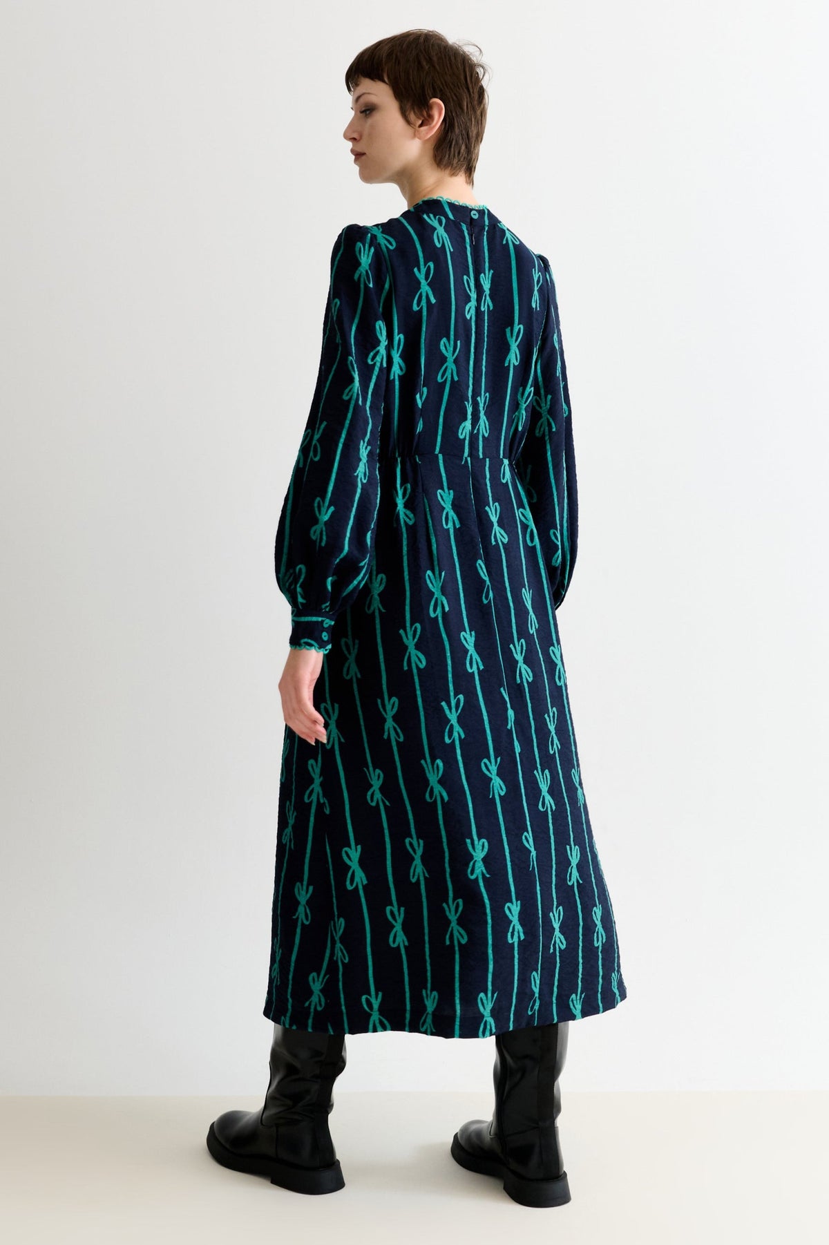 Avon Tie Up High Neck Long Sleeve Midi Dress - Navy
