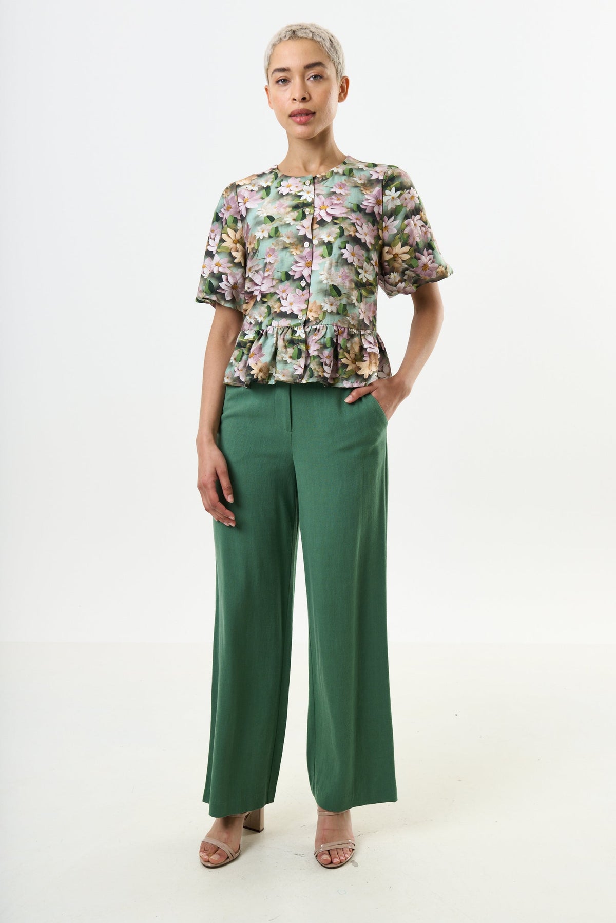 Camile 3D Daisy Print Peplum Blouse - Green
