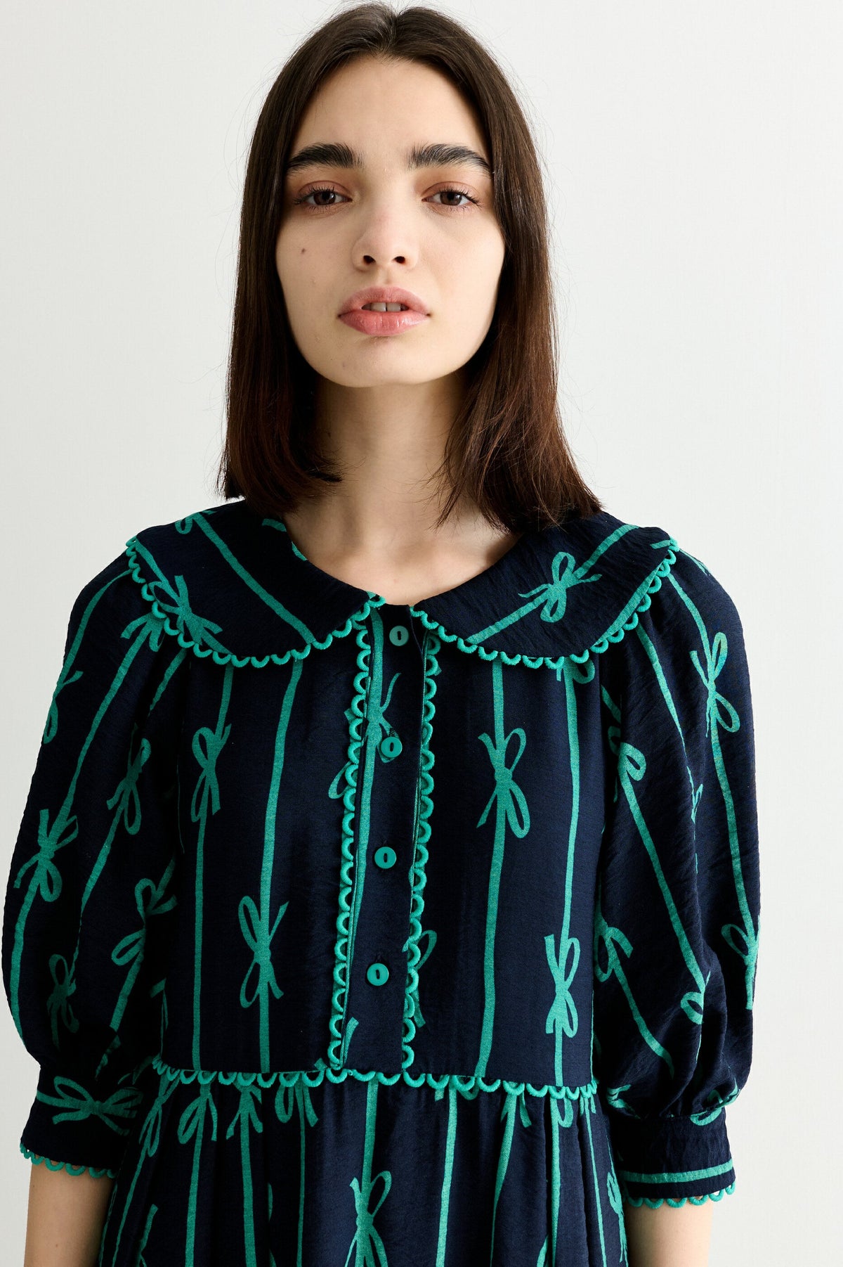 Caris Tie Up Statement Collar 3/4 Sleeve Midi Dress - Navy