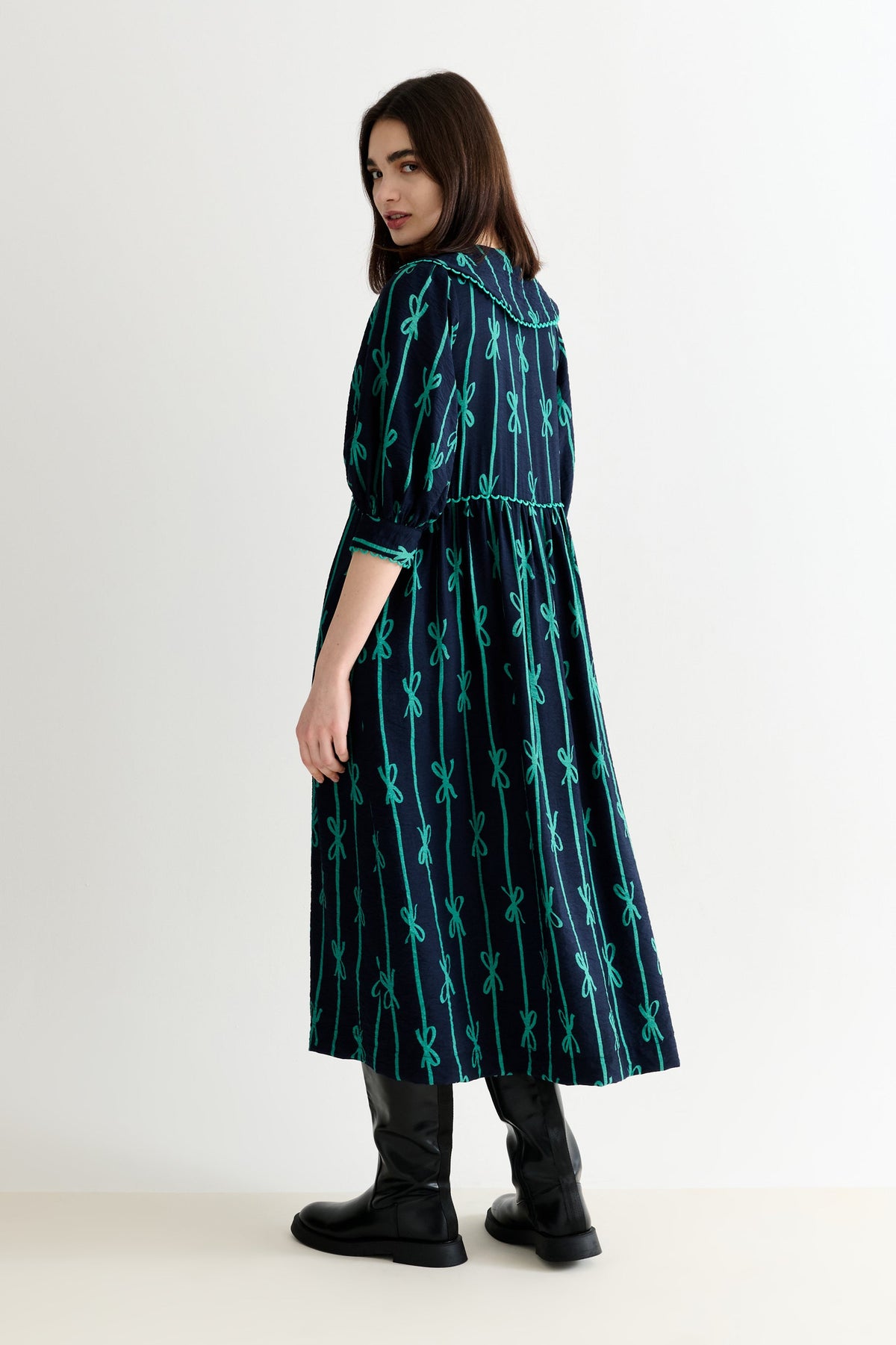 Caris Tie Up Statement Collar 3/4 Sleeve Midi Dress - Navy