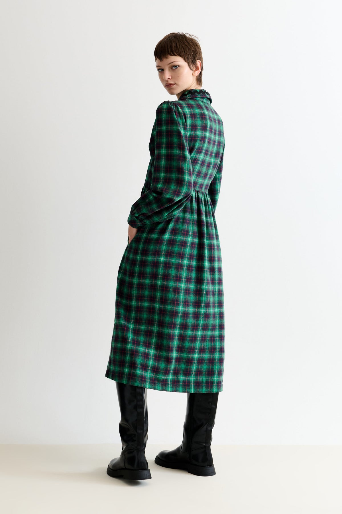 Catlin Winter Check Button Through Midi Dress - Green