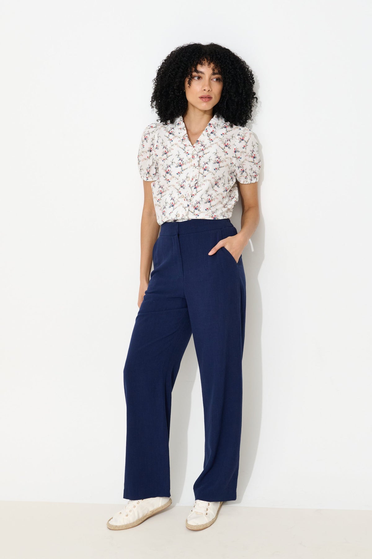 Cressida Regency Print Frill Trim V-Neck Blouse