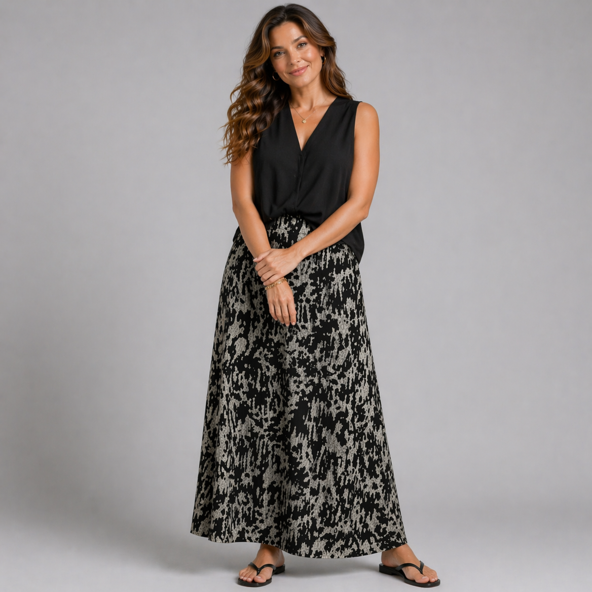 Black Tie Dye Effect Elastic Waist Maxi Skirt