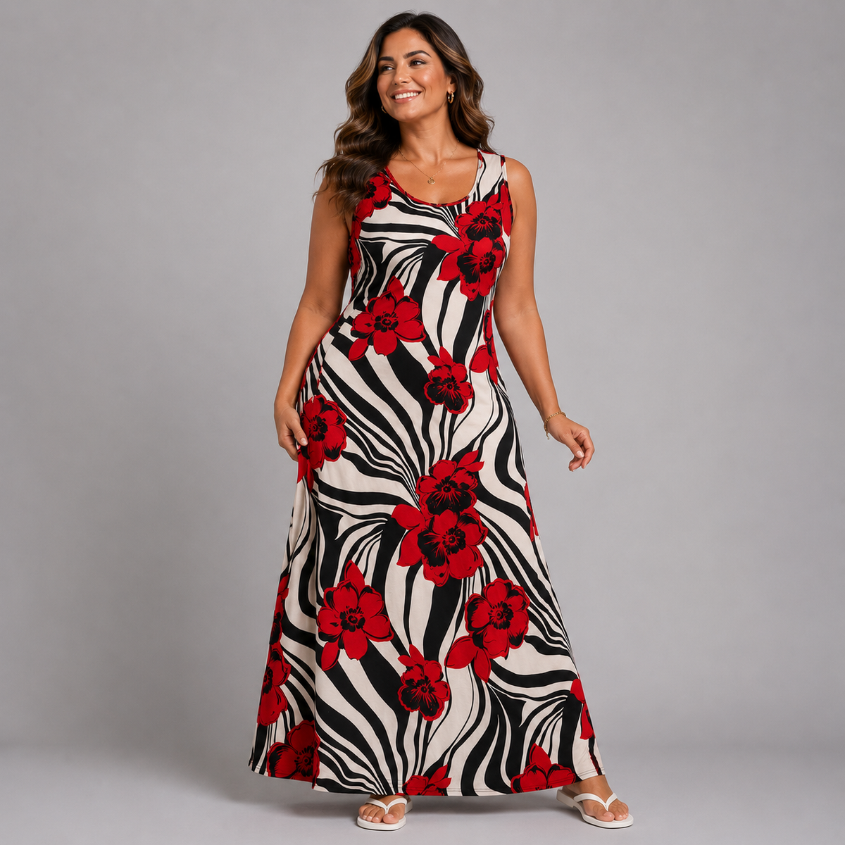 Red White Black Swirl Sleeveless Maxi Dress