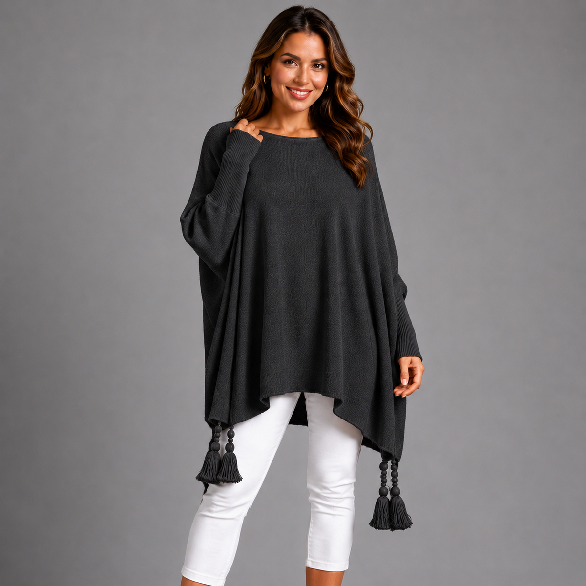 Slash Neck Oversized Jumper with Tassel Detail