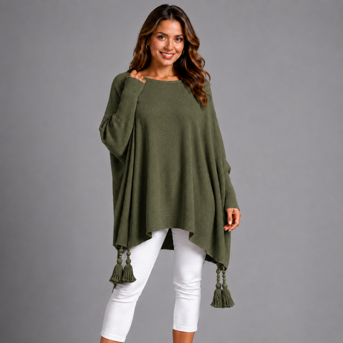 Slash Neck Oversized Jumper with Tassel Detail