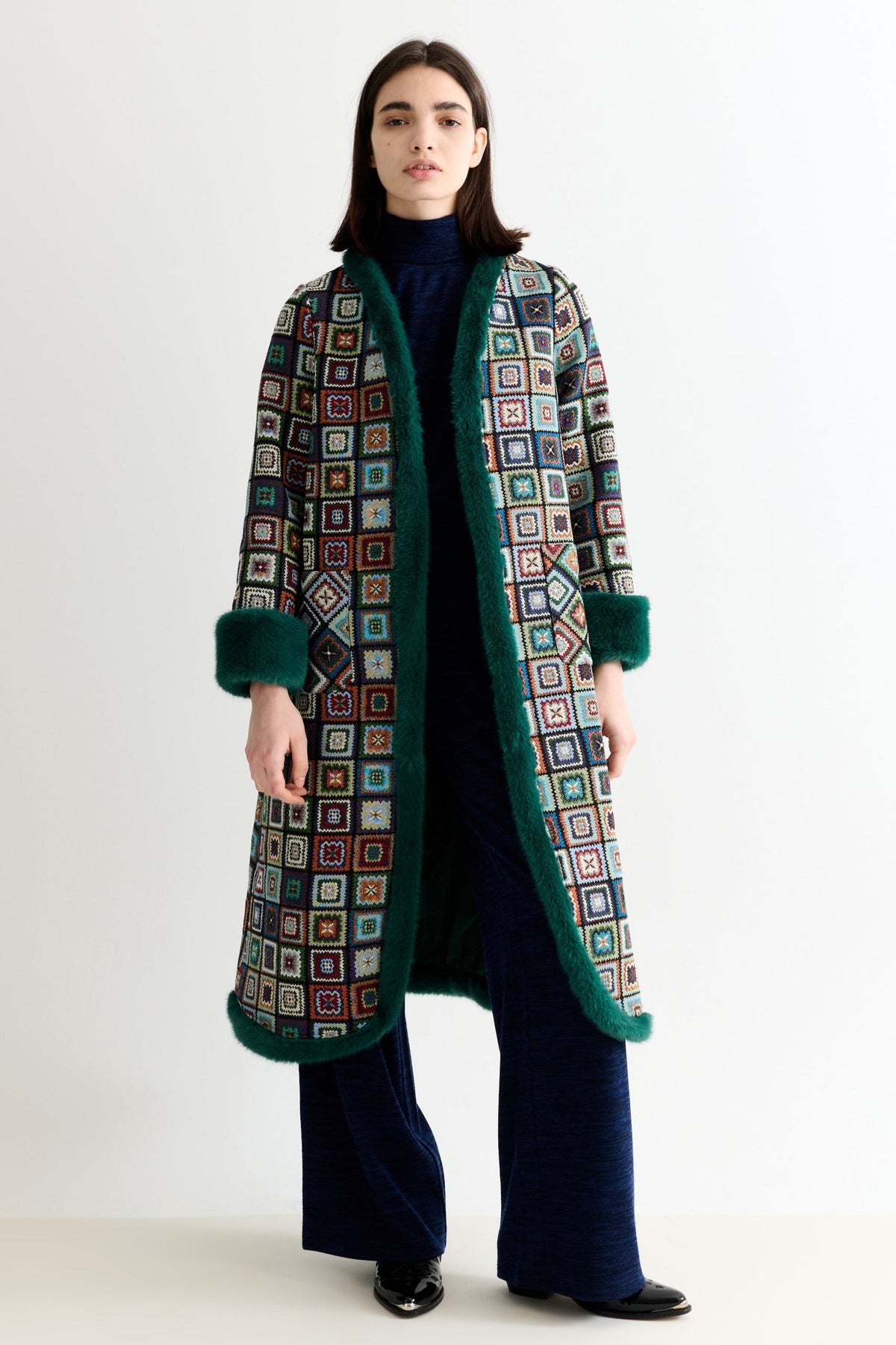 Delphia 70'S Patch Jacquard Fur Trim Coat - Multicoloured