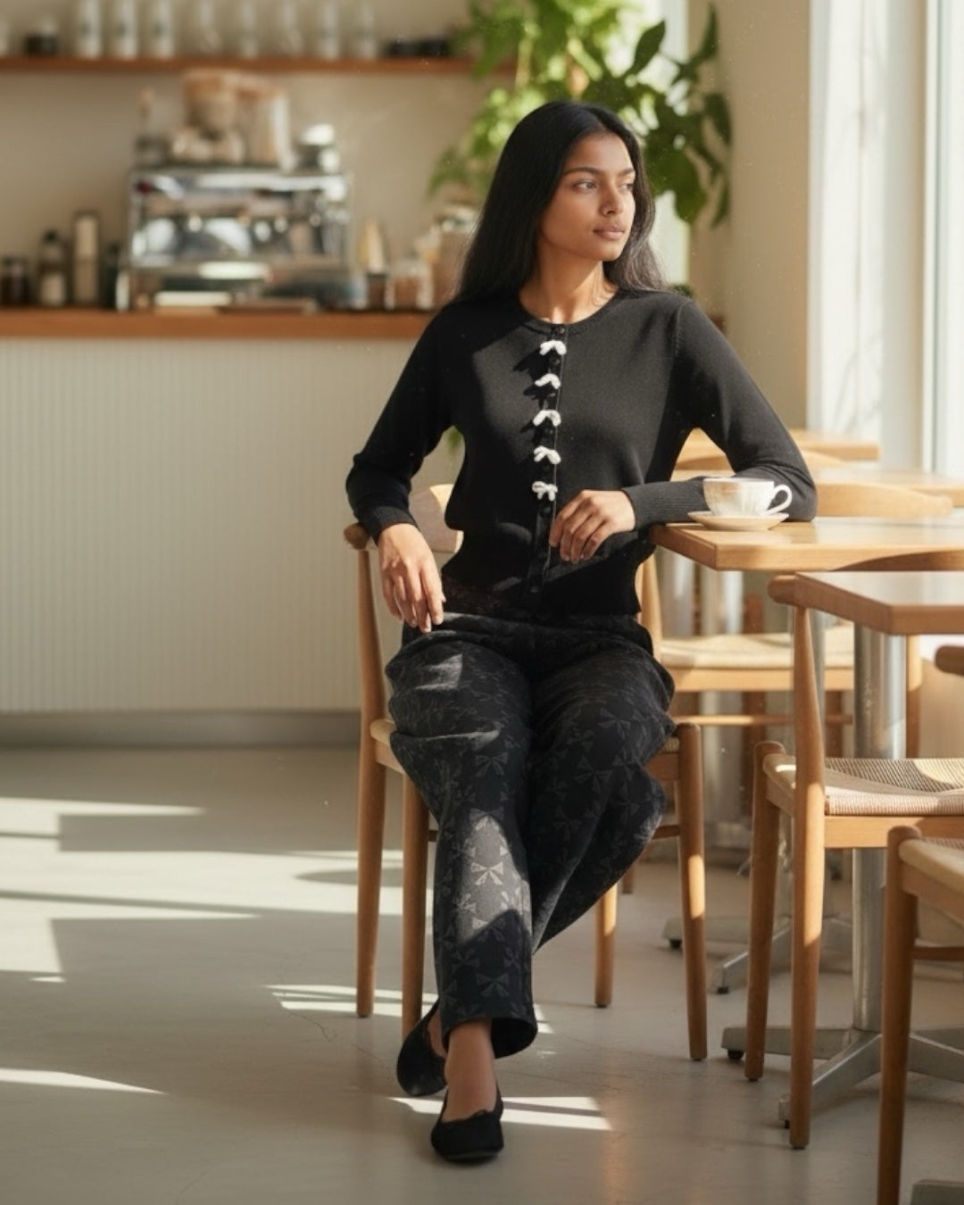 Sutton Black Bow Jacquard Barrel Trousers