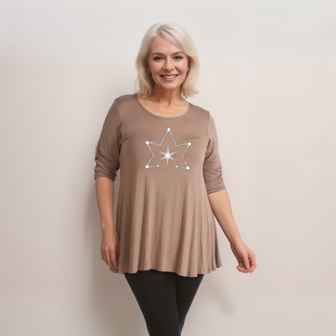Double Star Plus-Size Button Sleeve Swing Top