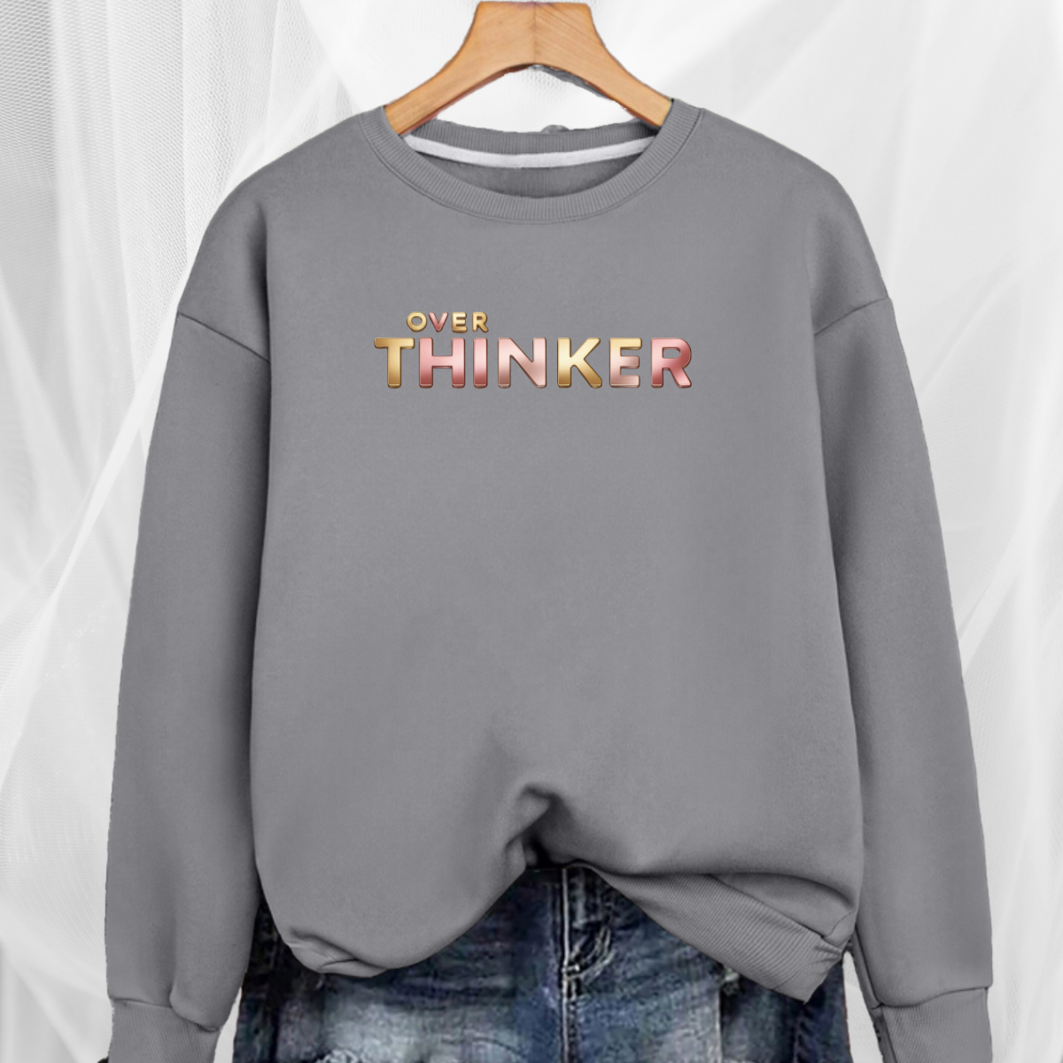 Long Cotton Sweatshirt with “Over Thinker” Logo